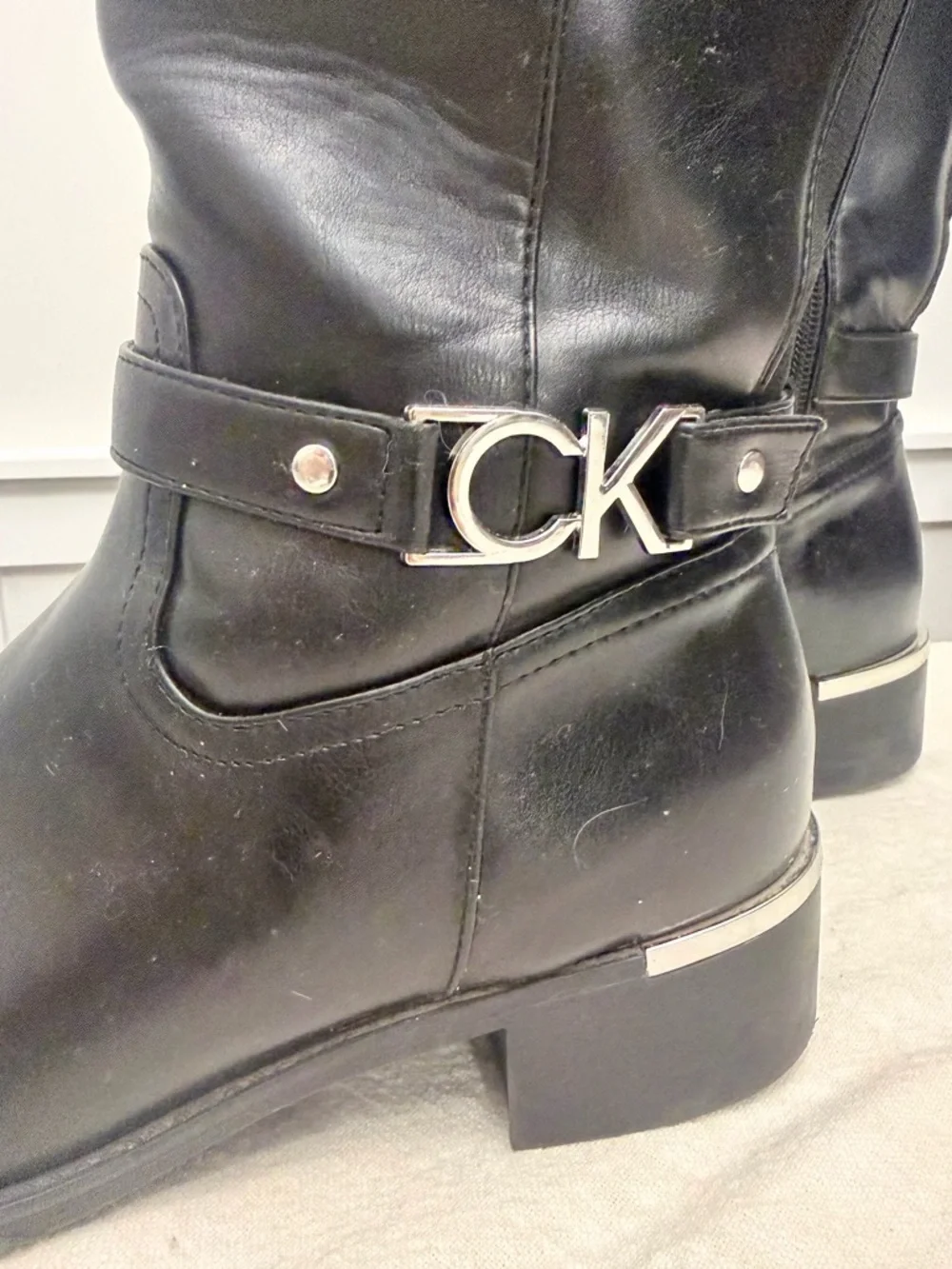 Calvin Klein Knee High Boots • Black Leather • CK Logo Strap • Size 9